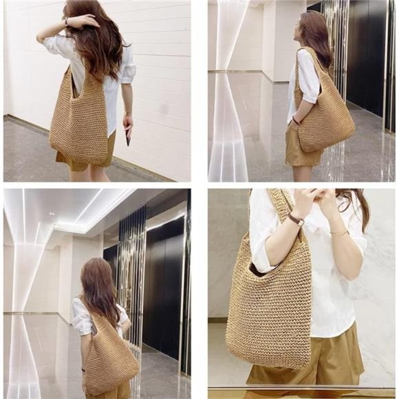 Hand-woven Soft Large Straw Shoulder Bag Boho Straw Handle Tote Retro Beach Bag - Picture 5 of 6